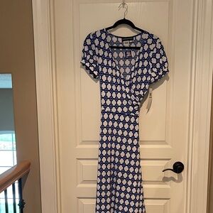 Blue and White Patterned Wrap Dress